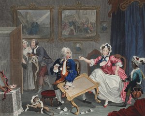 A parázna folyamata, II. tábla, illusztráció a „Hogarth Restored: The Whole Works of the híres William Hogarth, újrametszette Thomas Cook” című kocsmából. 1812 (kézzel színezett metszet)